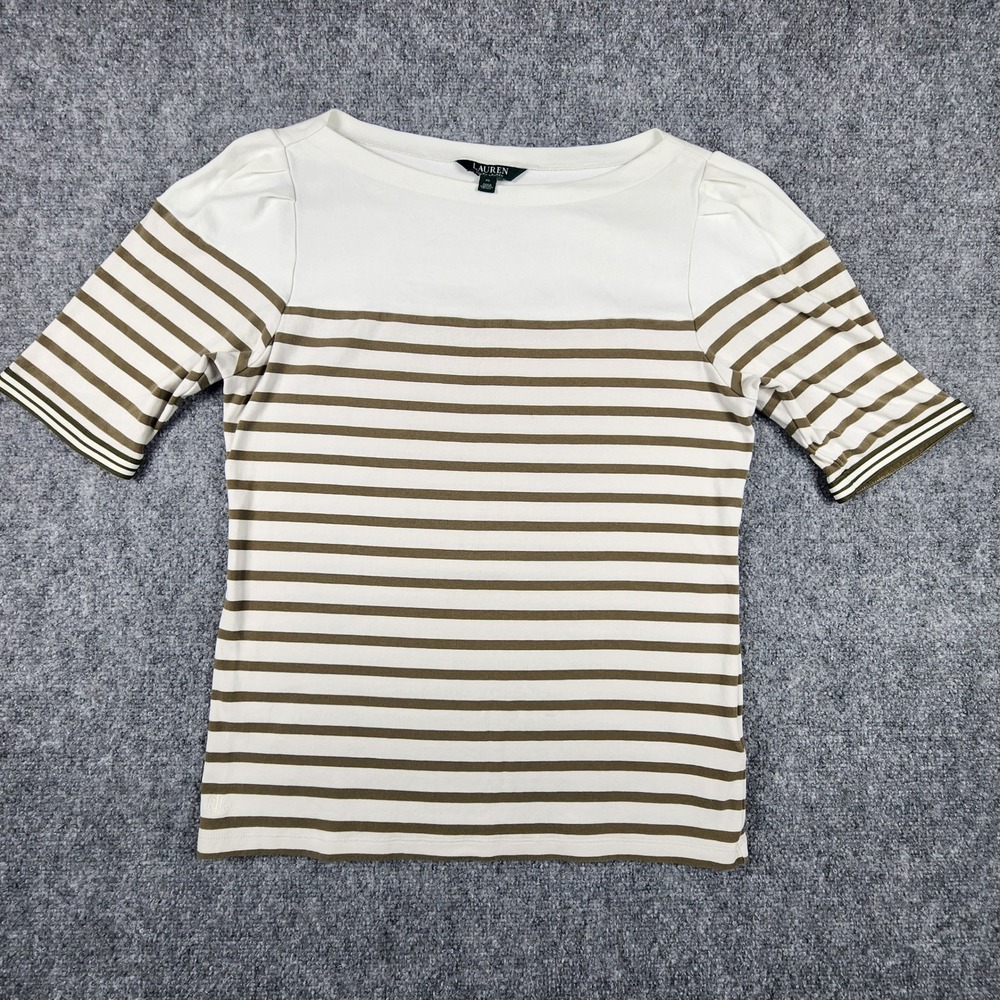 Lauren Ralph Lauren Striped Boat Neck Top XL Olive Green White Puff Sleeve XL